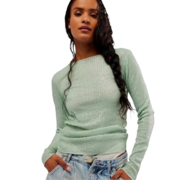Free People Tops - Intimately Free People Gold Rush Mint Green Long Sleeve Sequins Blouse Top Small